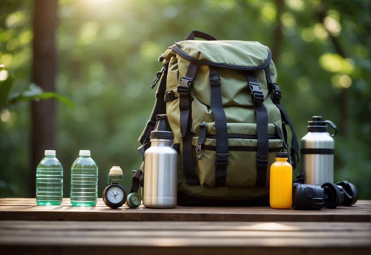 A backpack, water bottles, hiking boots, map, compass, and first aid kit lay on a wooden deck with lush green trees in the background