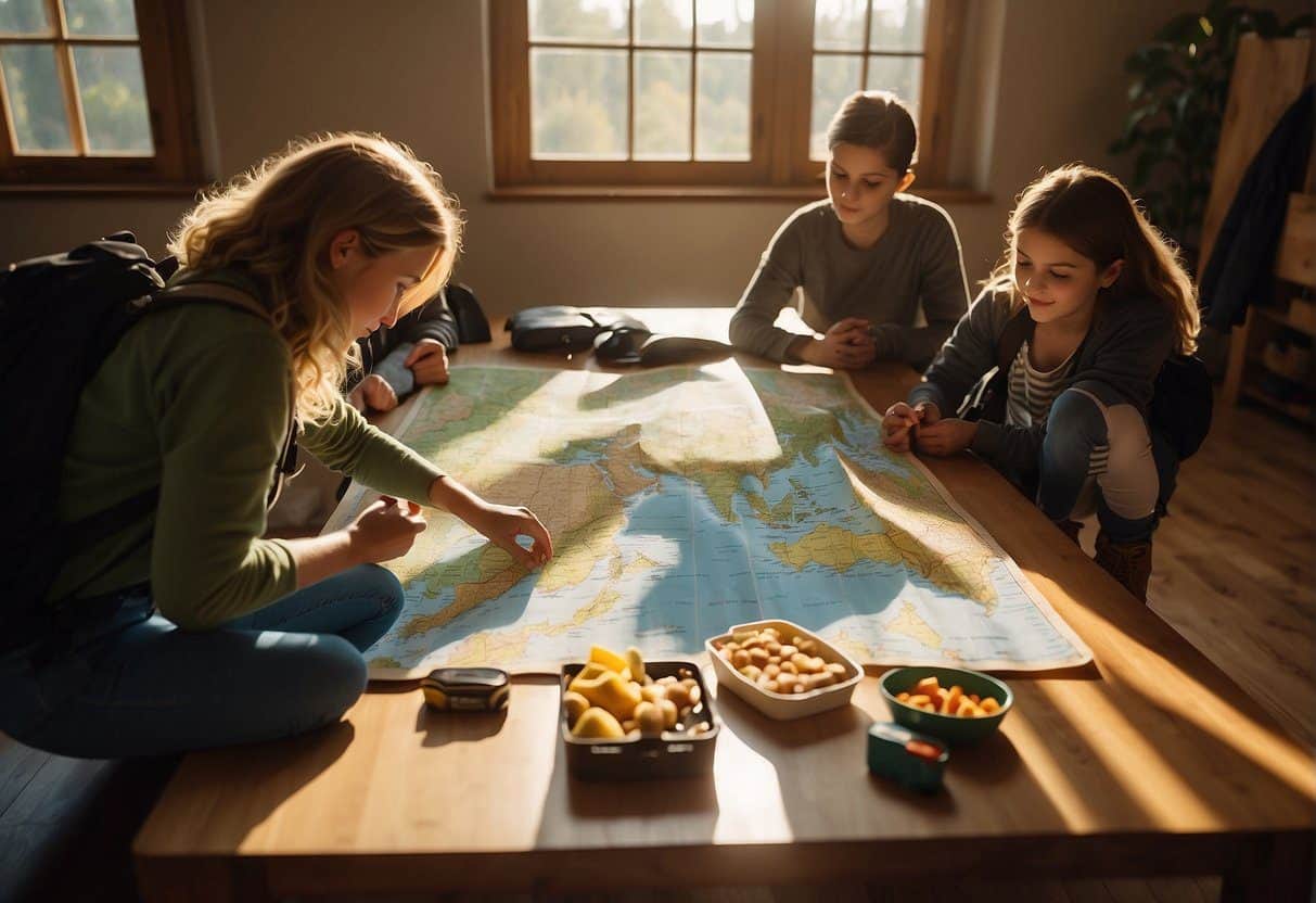 A family lays out a map on a table, packing backpacks with water bottles and snacks. Hiking boots and a first aid kit sit nearby. The sun shines through the window, casting a warm glow on the scene