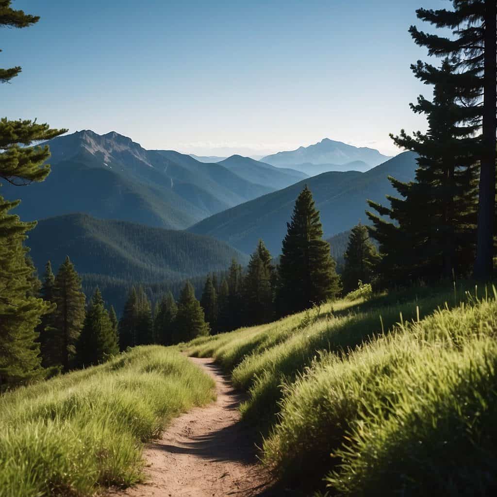 Lush green forest, towering pine trees, winding trail, distant mountains, clear blue sky