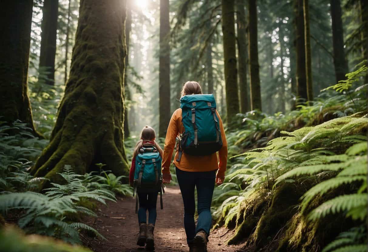 A family hikes through lush Pacific Northwest forest, following a well-marked trail. They carry backpacks and wear sturdy hiking boots. Safety essentials like a first aid kit and map are visible