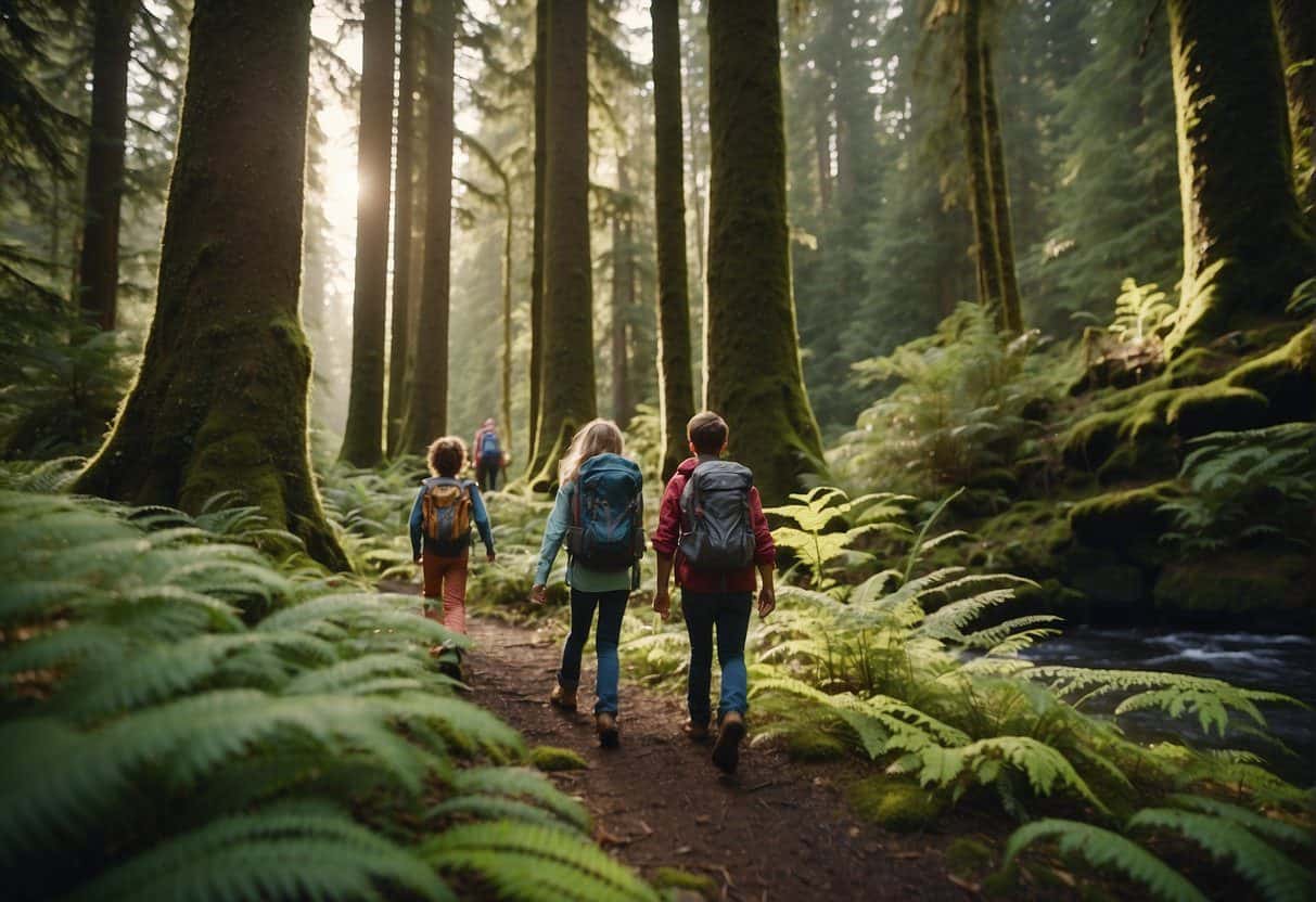 A family hikes through lush PNW forest, surrounded by towering trees and babbling streams. They carry backpacks and wear sturdy hiking boots. The parents hold a map and compass, while the children look excited and curious
