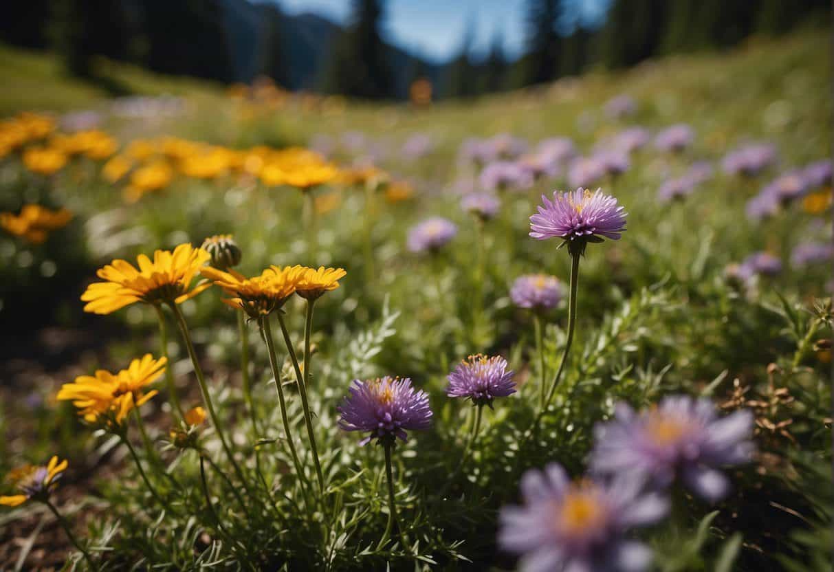 Colorful wildflowers bloom in Mount Rainier National Park, covering the landscape in vibrant hues. The air is filled with the sweet scent of blossoms as the sun shines down on the picturesque scene