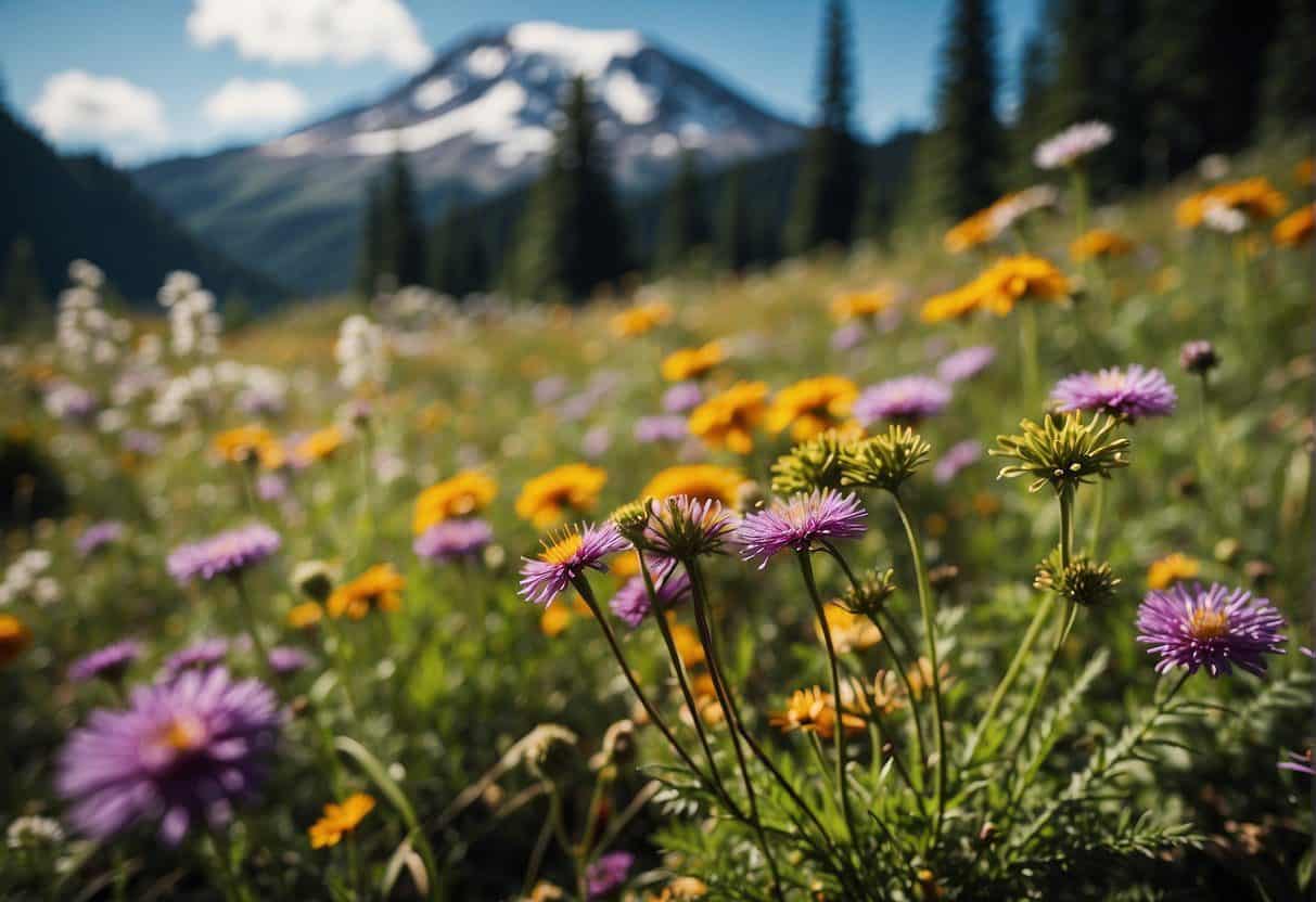 Mount Rainier National Park wildflowers cover the meadows, creating a vibrant and diverse landscape.