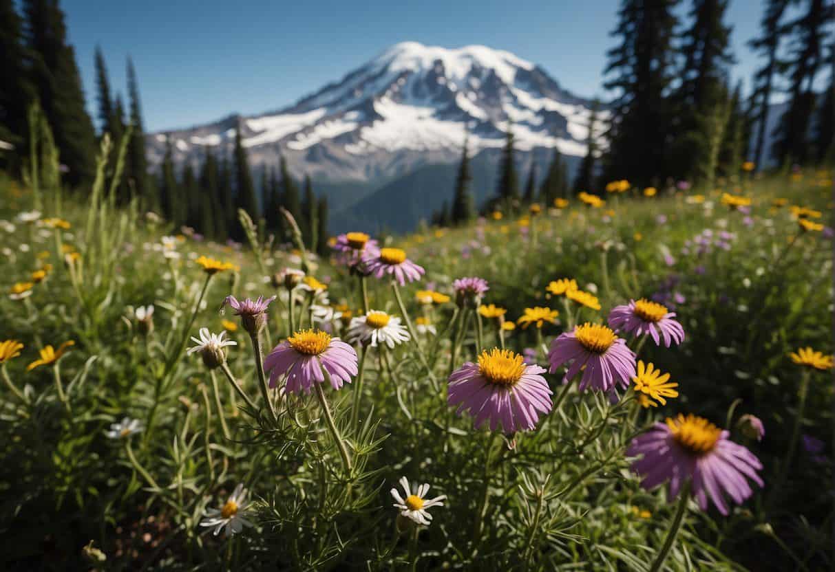 Vibrant wildflowers bloom against the backdrop of Mount Rainier, with snow-capped peaks and lush greenery in the foreground
