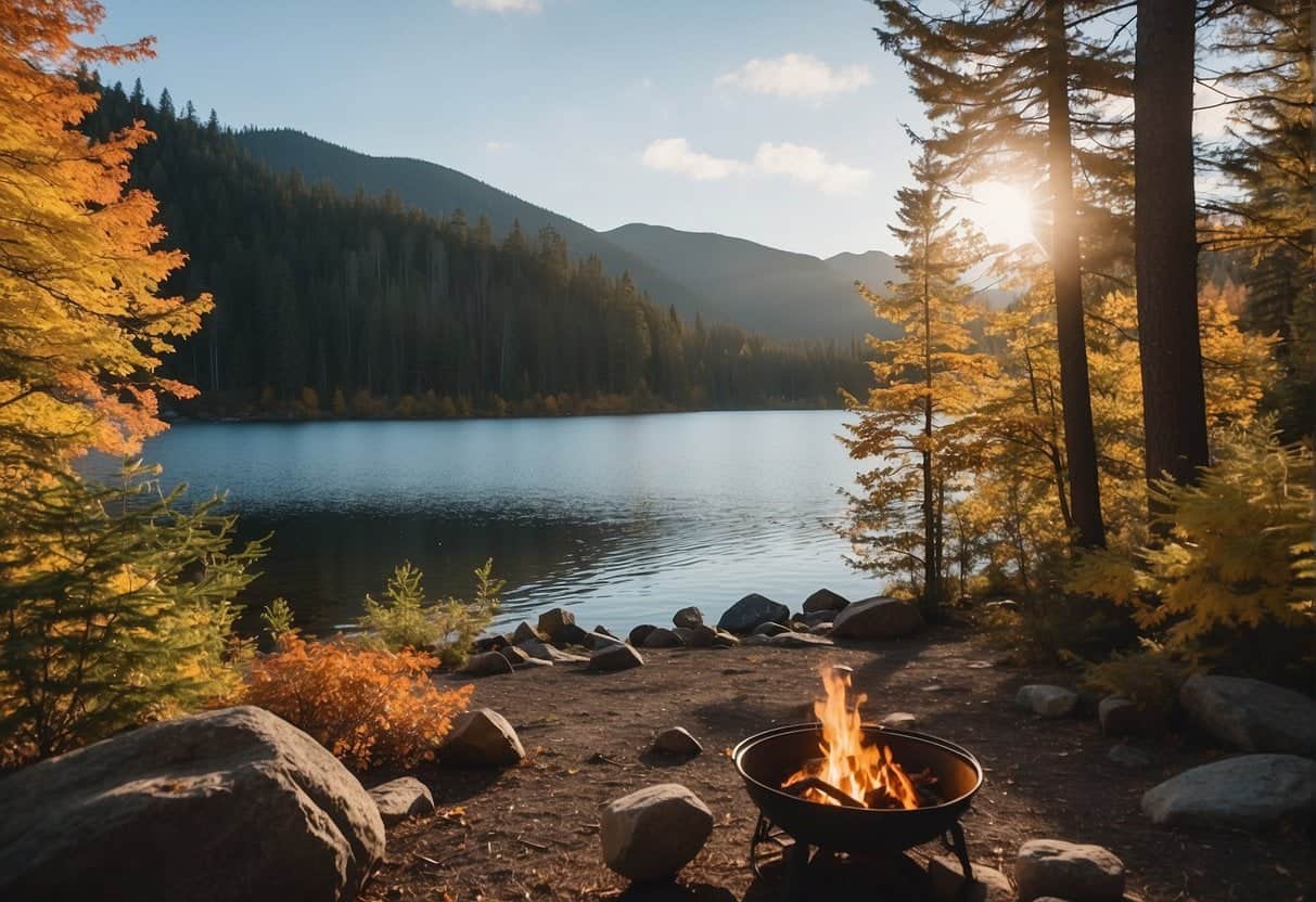A tranquil lake surrounded by colorful autumn foliage, with a cozy campfire and a tent nestled in the peaceful Pacific Northwest wilderness