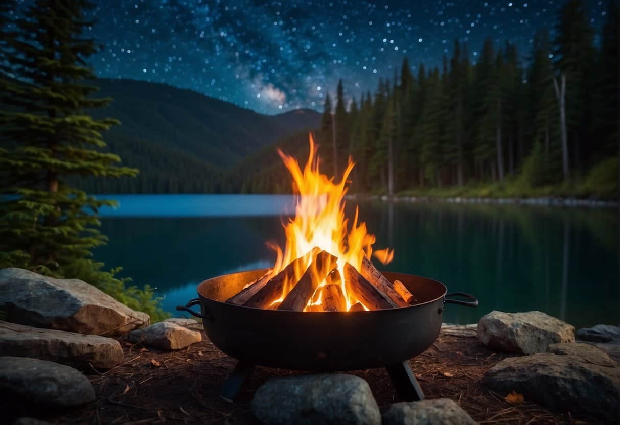 A cozy campfire burns under a starry night sky in a lush Pacific Northwest forest, surrounded by towering evergreen trees and a serene lake