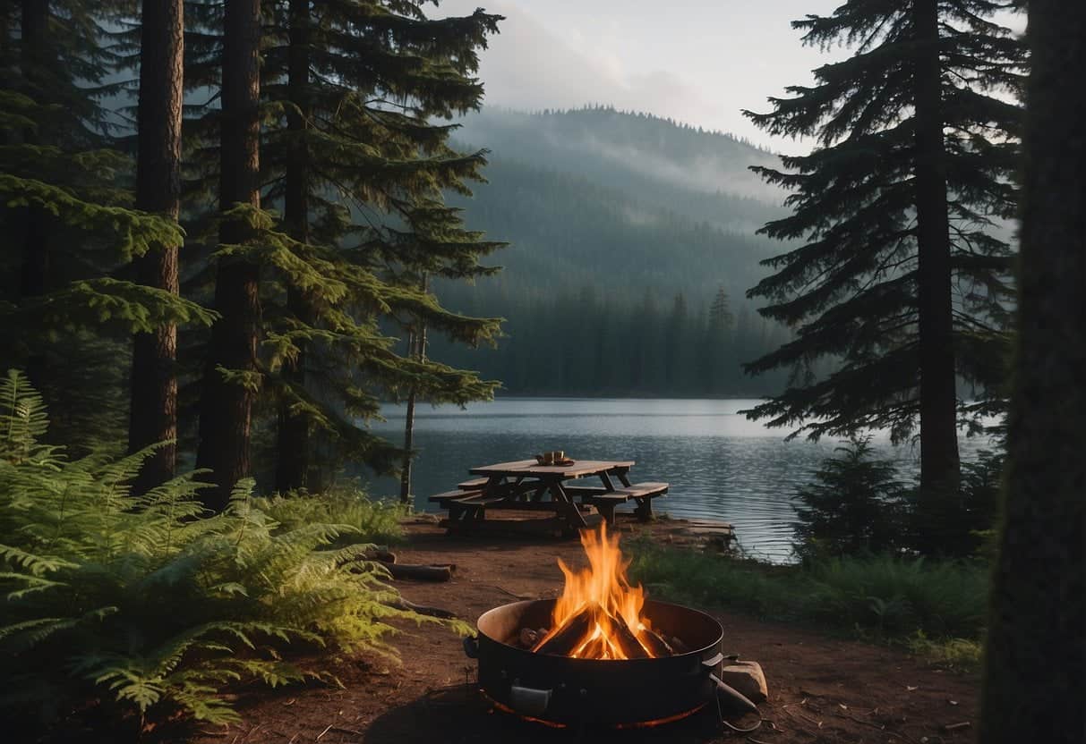 A tent nestled among towering evergreen trees, with a campfire and cooking supplies nearby, surrounded by misty mountains and a serene lake in the Pacific Northwest