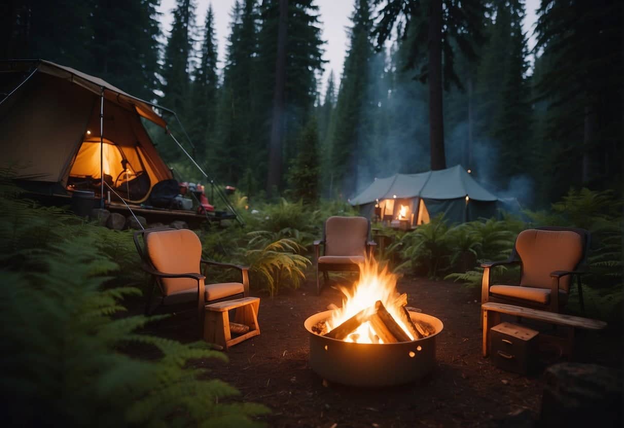 A cozy campfire burns in the serene Pacific Northwest forest. A tent is pitched nearby, surrounded by lush greenery and towering trees