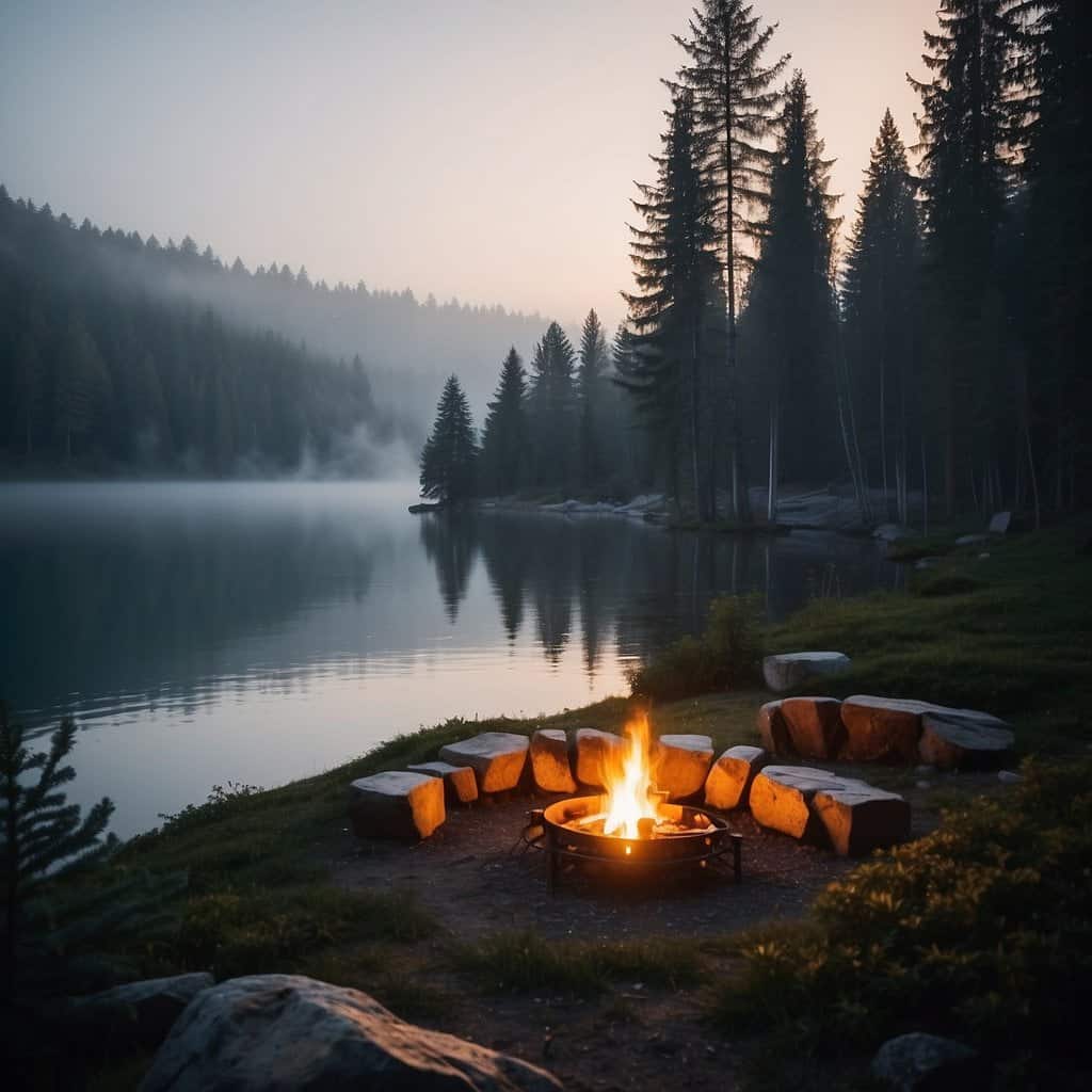 A misty forest with a cozy campfire, surrounded by tall evergreen trees and a tranquil lake in the background, a great setting for off-season camping.