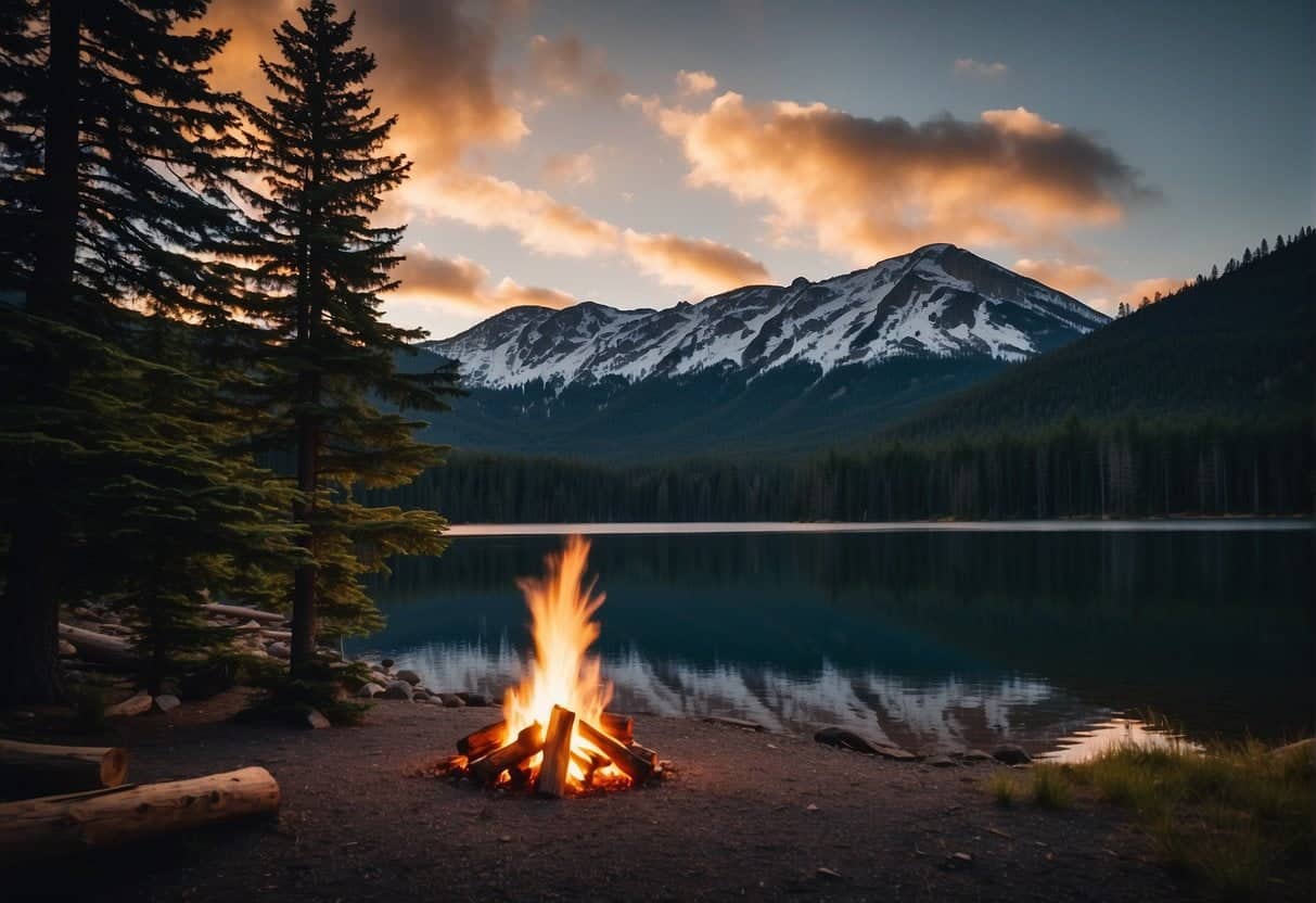 A cozy campfire glows amidst towering evergreen trees, while a serene lake reflects the snow-capped mountains in the distance. The campground is quiet and peaceful, with empty hiking trails waiting to be explored