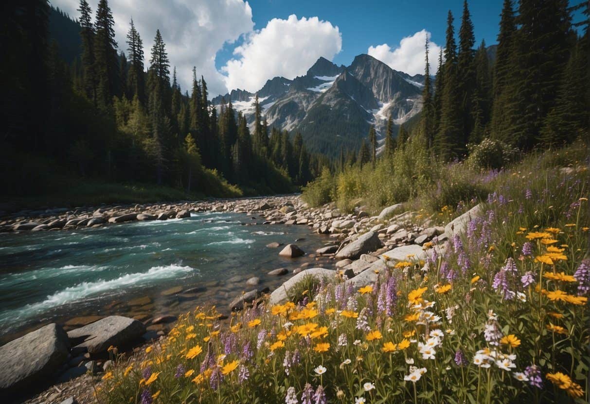 Wildflowers bloom in North Cascades National Park. Trees, mountains, and a winding river complete the scenic backdrop for a peaceful recreation in the park