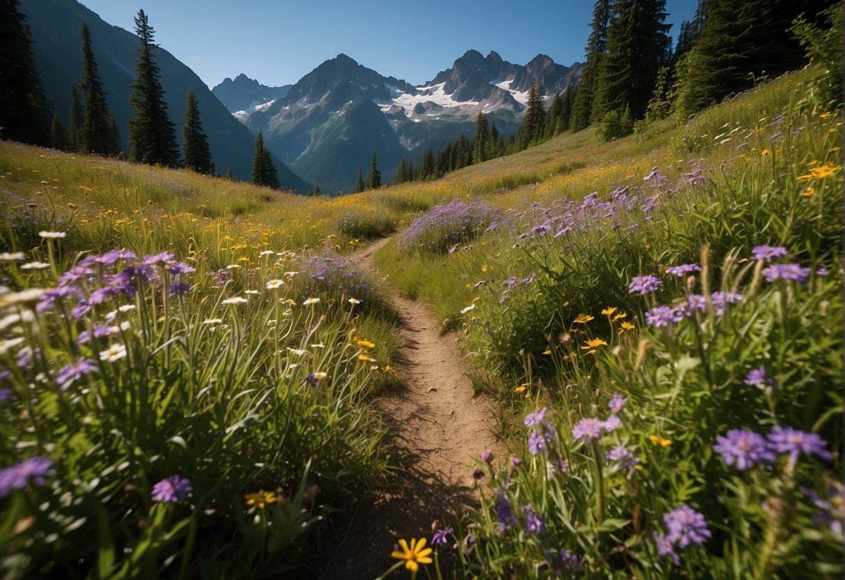 Rolling hills covered in vibrant wildflowers spread across the North Cascades National Park, framed by towering peaks and lush greenery