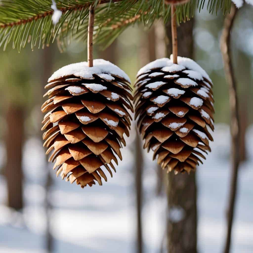 A close-up of pine cones hanging from a branch, with long, slender needles surrounding them. Cones are one of the best ways to identify pine trees.