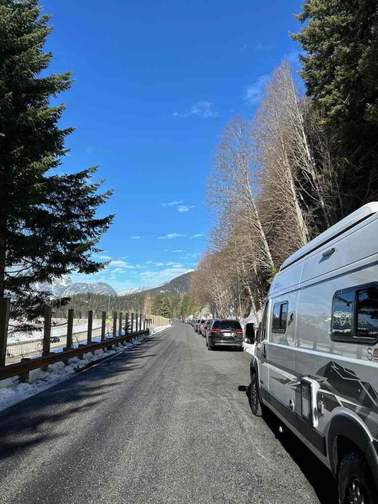 our campervan parked at the end of the line...waaaay down the line..at the trailhead for Gold Creek Pond Snowshoeing.