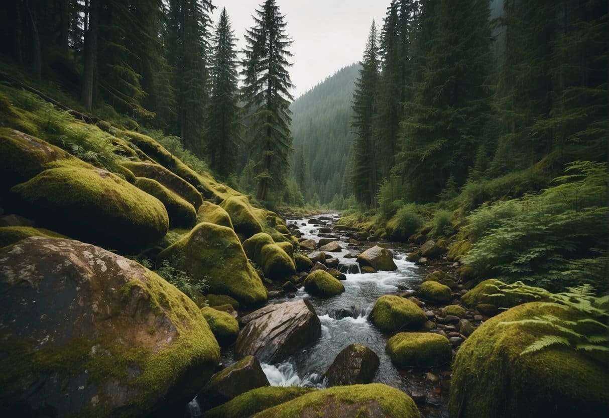 Lush mountain forests in the Pacific Northwest, with towering evergreen trees, moss-covered rocks, and a serene river flowing through the landscape