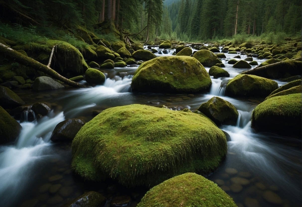 Lush green forests with towering evergreens, moss-covered rocks, and winding rivers in the Pacific Northwest mountain forests