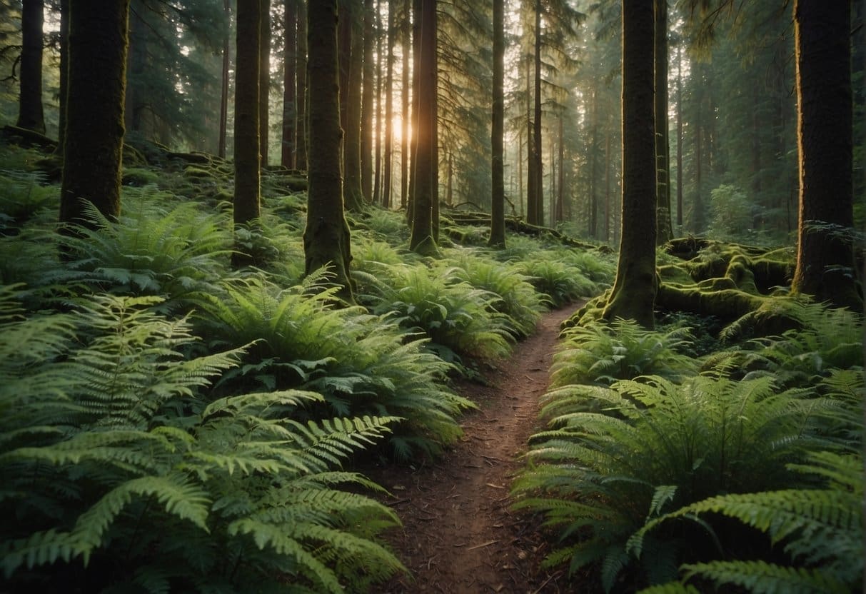 Lush green forest with towering evergreens, clear streams, and diverse wildlife. Conservation and management efforts evident through marked trails and healthy, thriving ecosystem