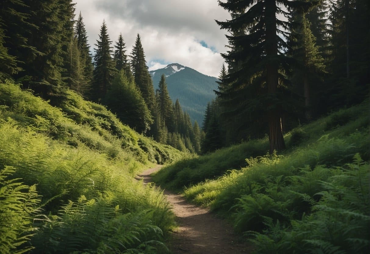 Lush green forest with towering mountains in the background, a winding trail leading through the Pacific Northwest landscape