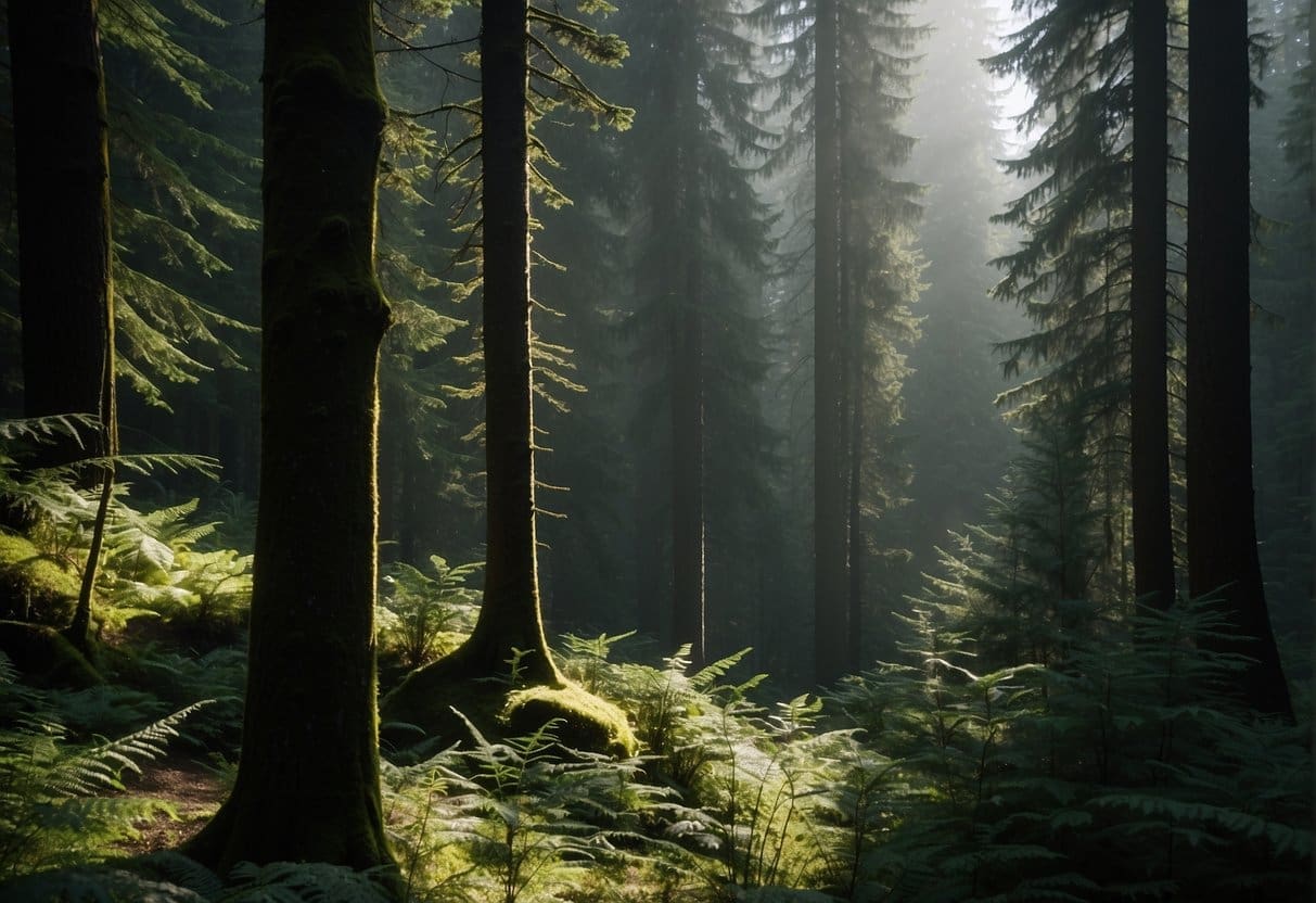 Lush green coniferous trees blanket the rolling hills of the Pacific Northwest, their lofty canopies casting dappled shadows on the forest floor. A misty, ethereal atmosphere envelops the landscape, creating a sense of mystery and tranquility