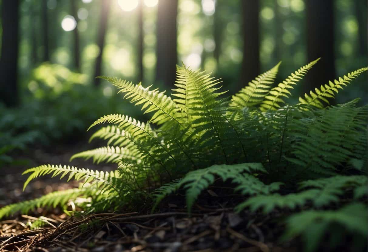 Lush green ferns blanket the forest floor, with delicate fronds reaching towards the dappled sunlight filtering through the towering trees