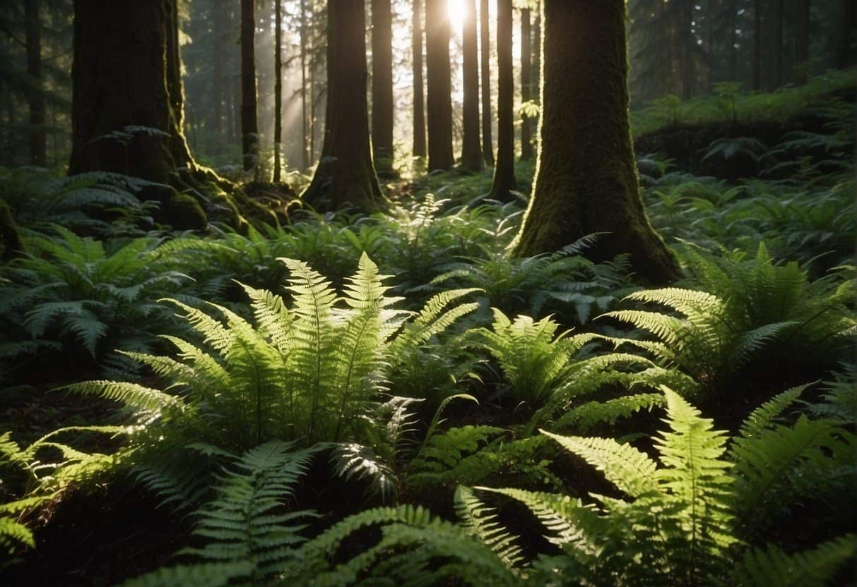 Lush green forest floor with sunlight filtering through tall trees, showcasing various fern species in the Pacific Northwest