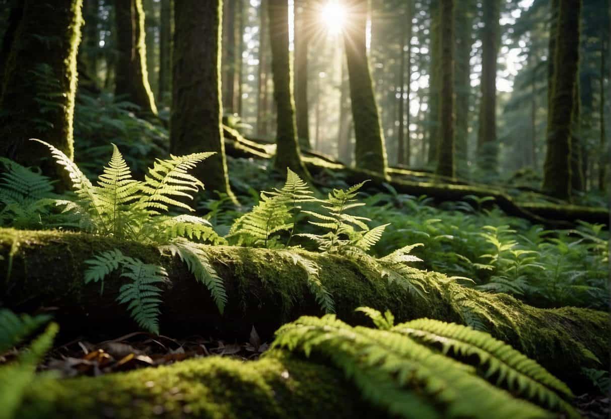 Lush green ferns cover the forest floor, intertwining with fallen logs and moss-covered rocks. Sunlight filters through the dense canopy, illuminating the delicate fronds of the common fern species in the Pacific Northwest
