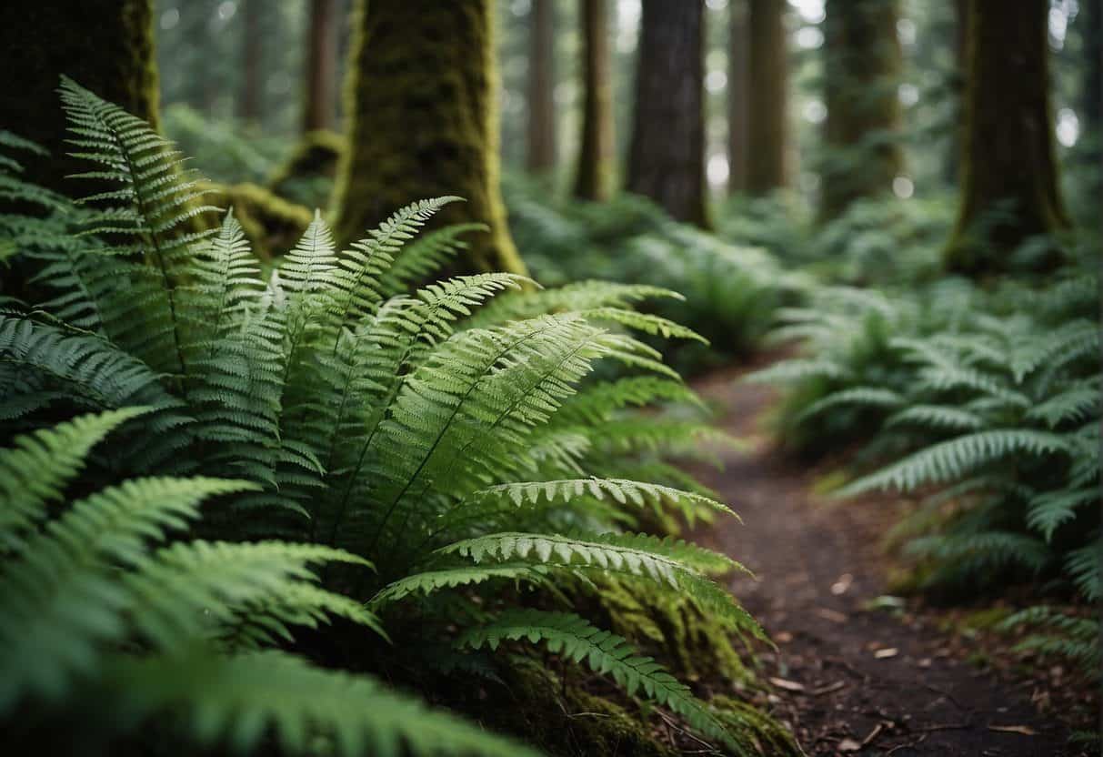Lush green ferns of various sizes and shapes cover the forest floor, with a backdrop of towering evergreen trees in the Pacific Northwest