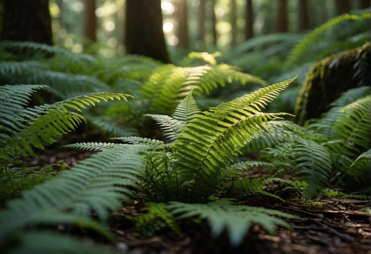 Lush green ferns cover the forest floor, with delicate fronds unfurling in the dappled sunlight. Various species, including sword ferns and lady ferns, create a diverse and vibrant display