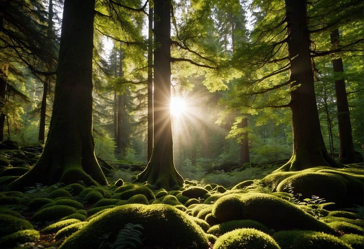 Sunlight filters through the dense canopy of Pacific northwest deciduous trees, casting dappled shadows on the forest floor. The vibrant green foliage and moss-covered branches create a lush and serene atmosphere, highlighting the cultural significance of these majestic trees