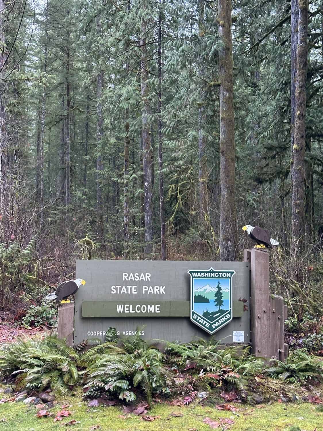 Rasar State park entrance sign with Bald Eagle sculptures on either side