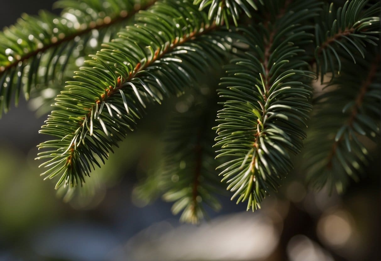 A close-up of Pacific Yew needles, showing their flat, dark green color and their arrangement in two rows along the stem