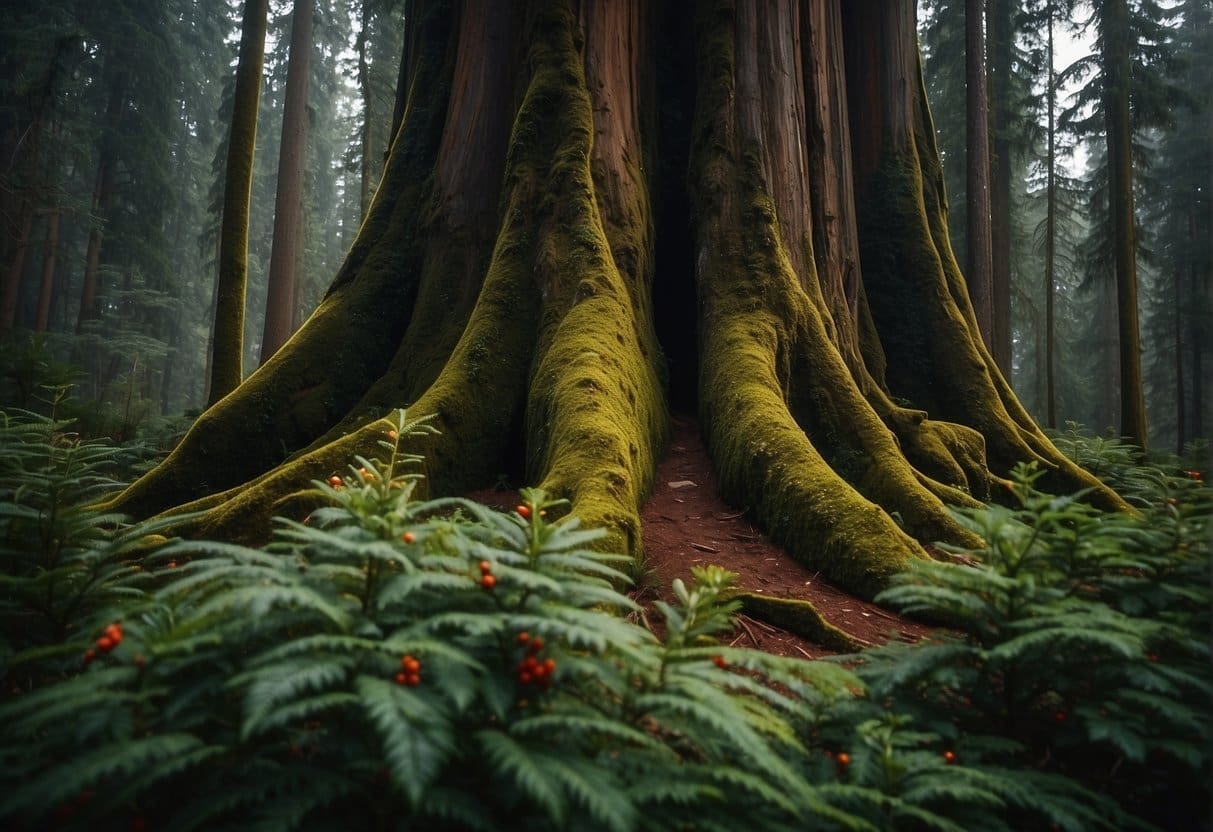 A pacific yew tree stands tall in a lush forest, with dark green needles and red berries. Its bark is rough and dark brown, and it exudes a sense of ancient wisdom and natural healing properties