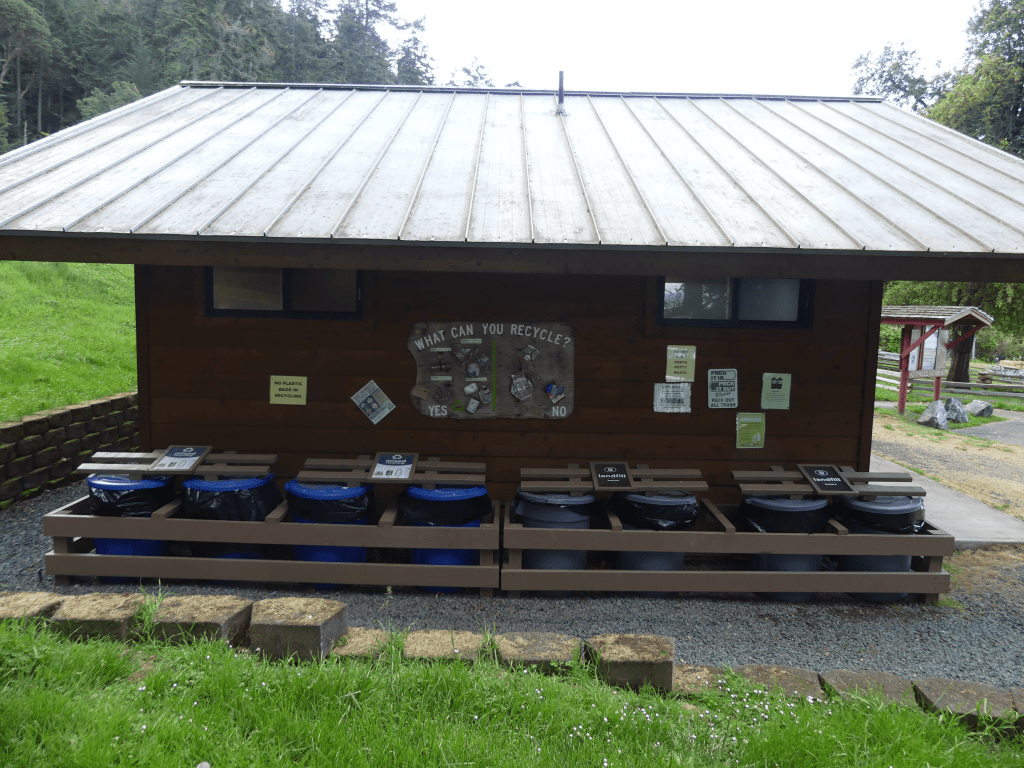 Outdoor recycling station in a green forest setting.
