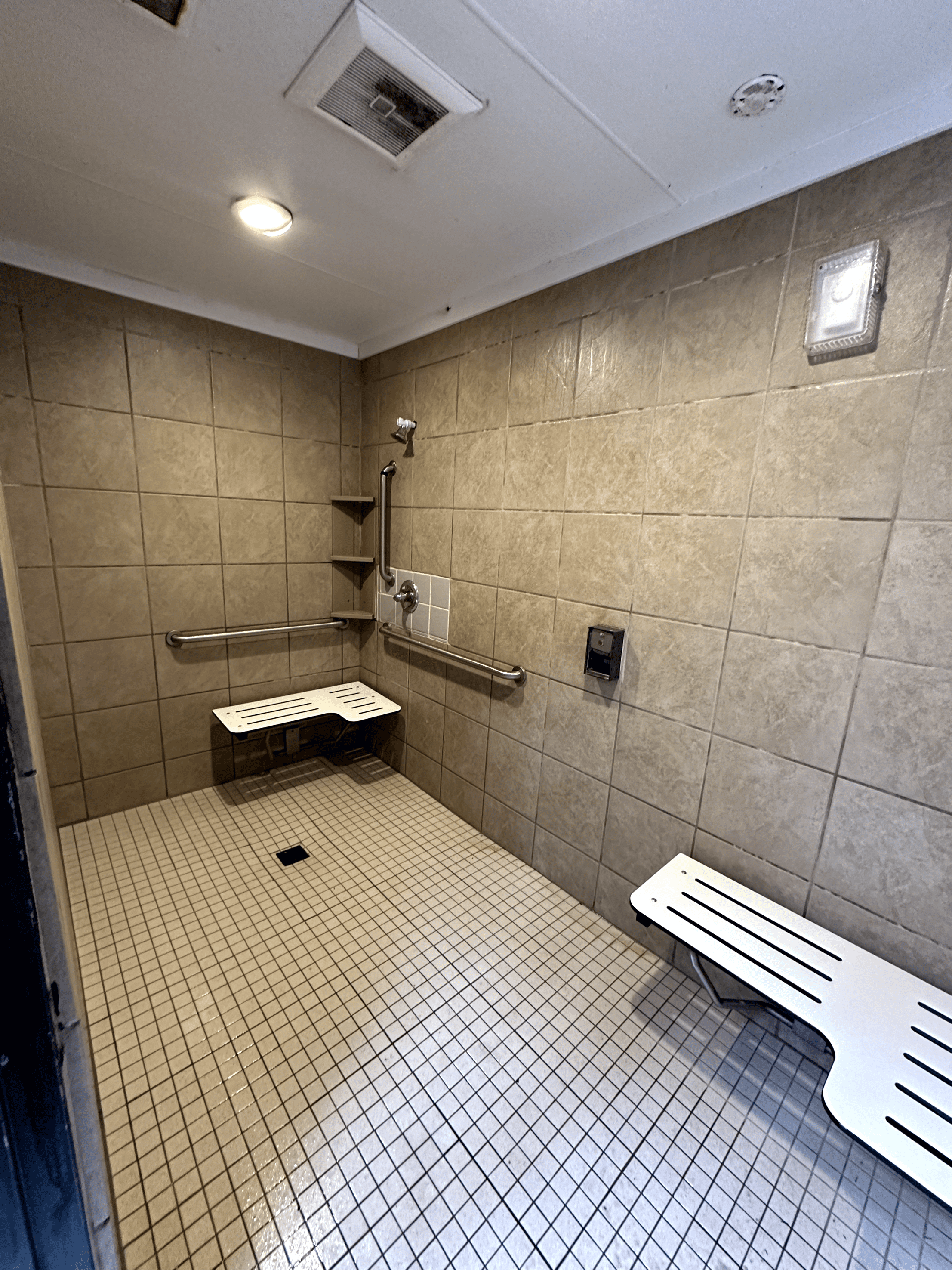 Accessible shower room with grab bars, fold-down bench, and adjustable shower head for mobility challenges.