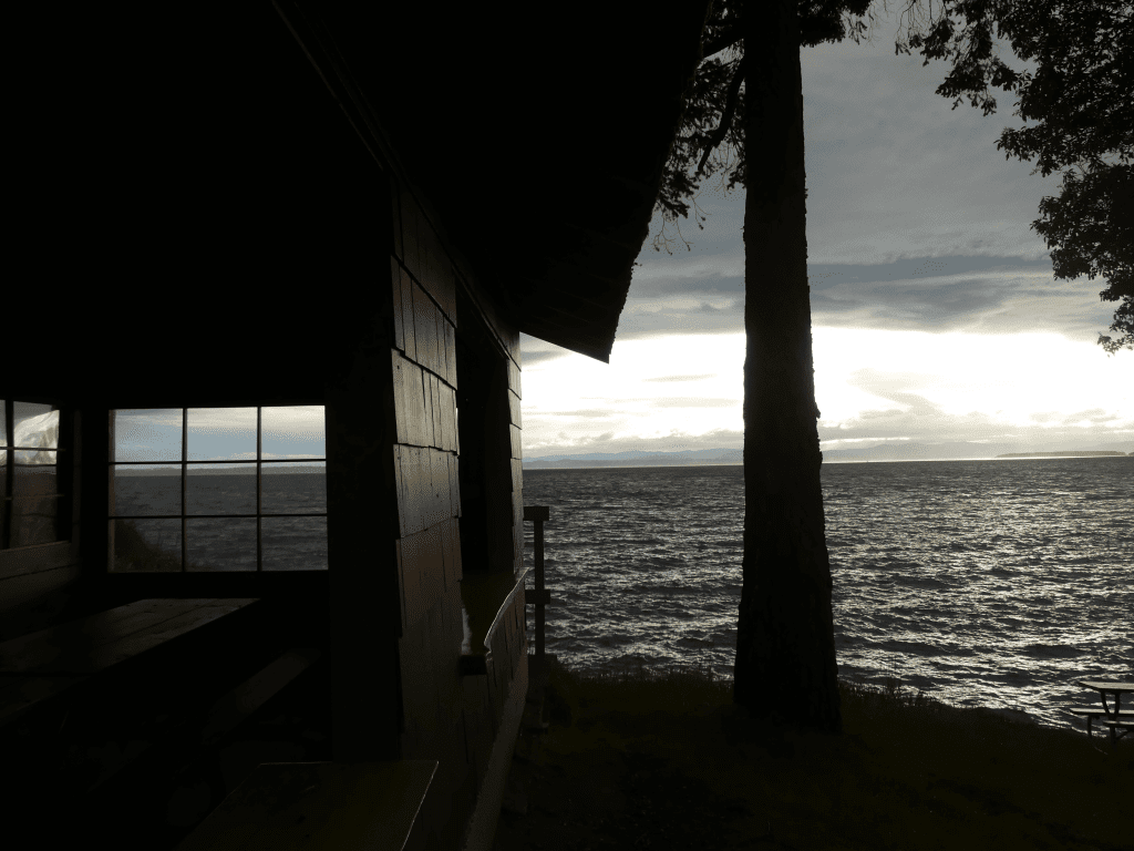Serene lakeside view with wooden shelter, water, sky, and tree creating tranquil atmosphere.