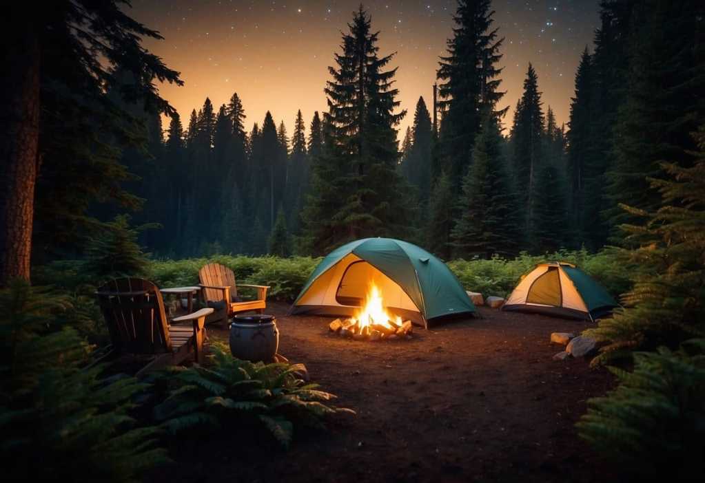 Campsite under twilight sky in serene forest with tents, fire, chairs, and stars.