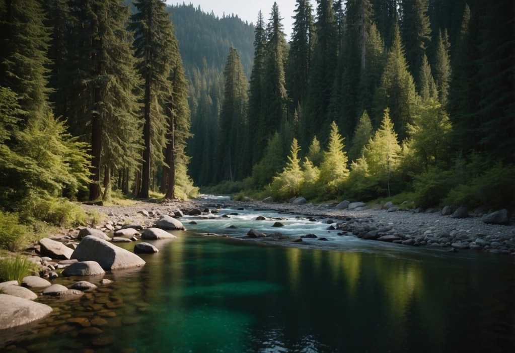 Tranquil river flowing through lush forest, reflecting trees in clear water.