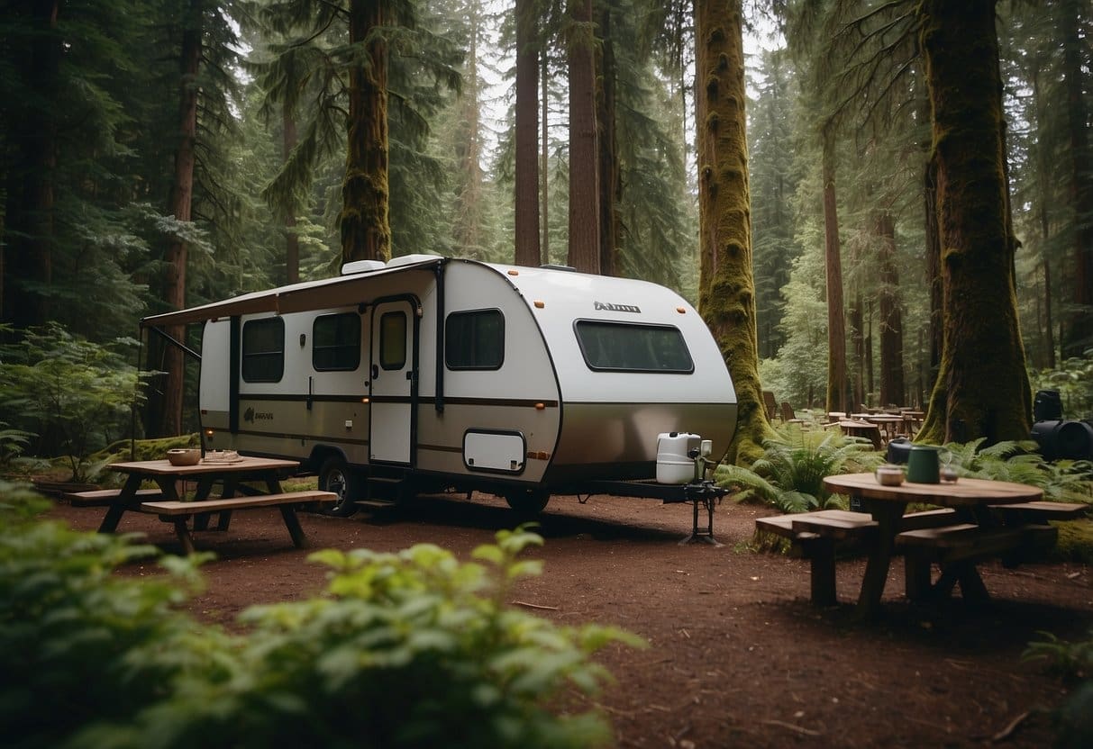 A peaceful campsite nestled in the lush forests of the Pacific Northwest. RVs and tents are scattered among the trees, with pet-friendly amenities and safety signs visible throughout the area