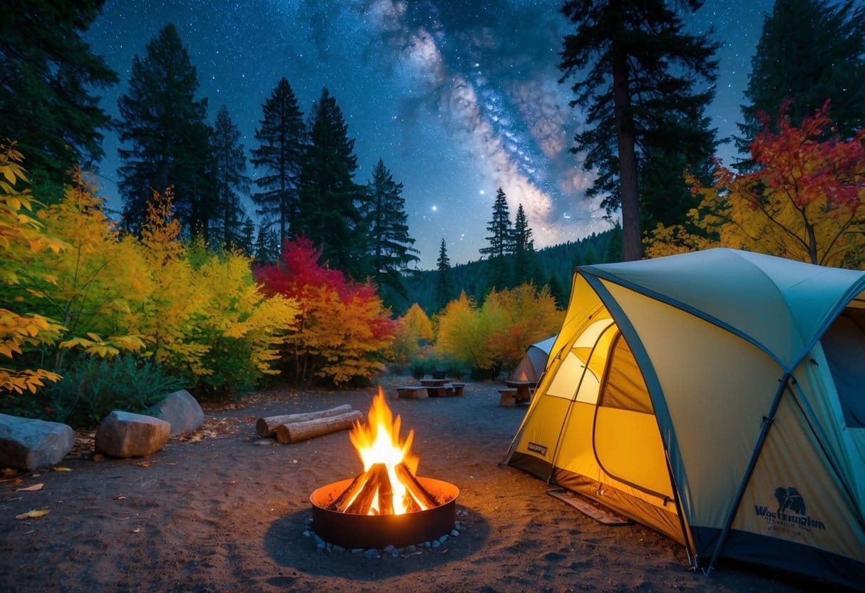 A cozy campsite nestled among vibrant autumn foliage in Washington's Park Services, with a crackling campfire and a clear starry sky above