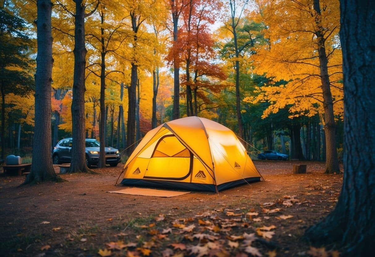 A cozy campsite nestled among colorful autumn trees, with a Big Agnes Copper Spur HV UL2 tent set up and glowing warmly from within