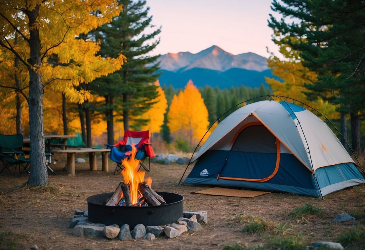 A cozy campsite nestled among colorful autumn trees with a crackling campfire and distant mountains in the background
