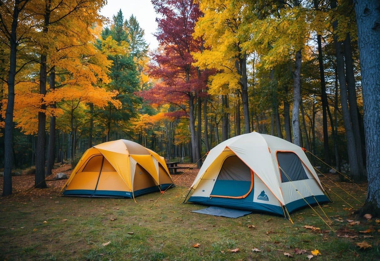 A cozy campsite nestled among colorful autumn trees, with sturdy tents designed to withstand chilly temperatures and potential rain