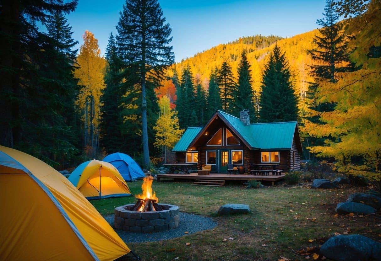 A cozy cabin nestled among colorful autumn trees in the Washington wilderness, with a campfire and tents nearby. Classic Fall Camping in Washington.