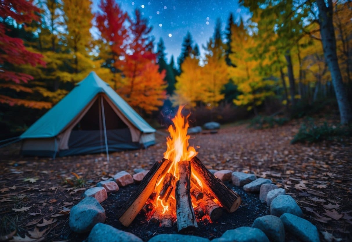 A cozy campfire surrounded by colorful fall foliage, with a tent nestled in the background and a clear starry sky overhead