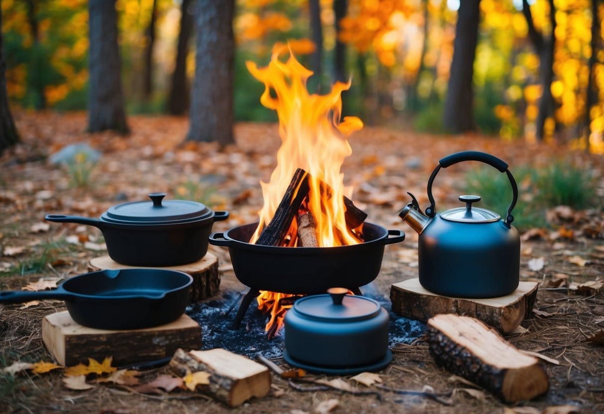 A cozy campfire surrounded by cast iron cookware and a kettle, with colorful fall foliage in the background