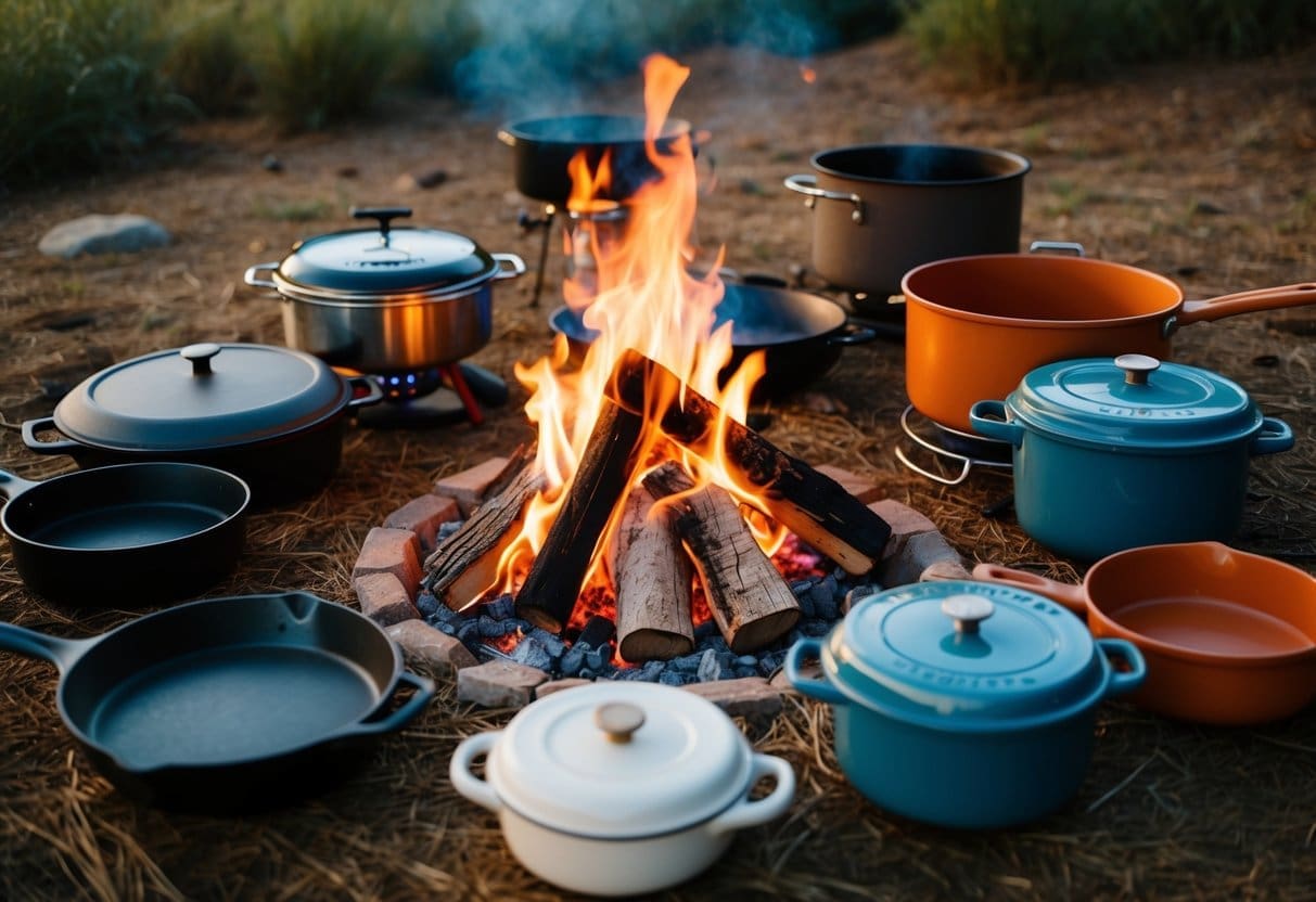 A cozy campfire surrounded by various cookware materials and designs, including cast iron skillets, portable stoves, and enamel-coated pots and pans