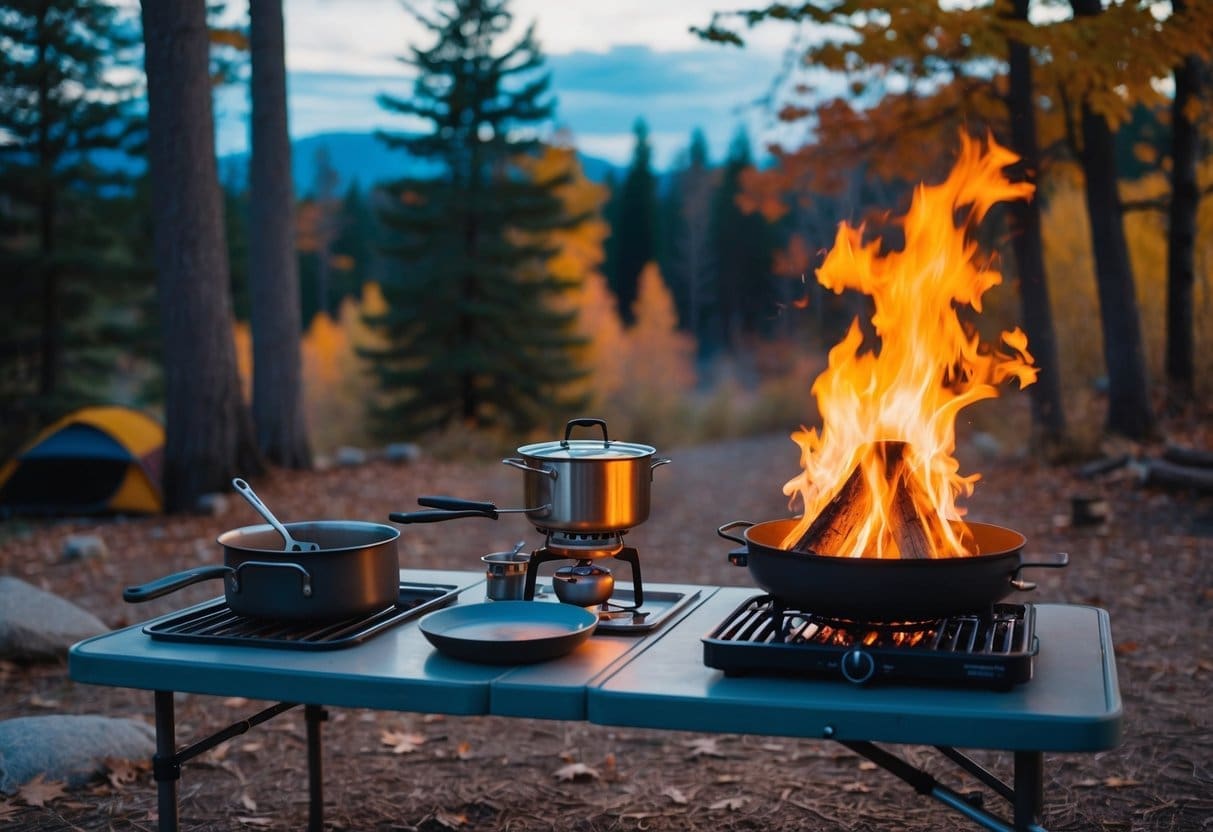 A campsite with a roaring fire, a portable stove, and various cooking utensils set up on a table. Surrounding trees indicate a fall camping trip
