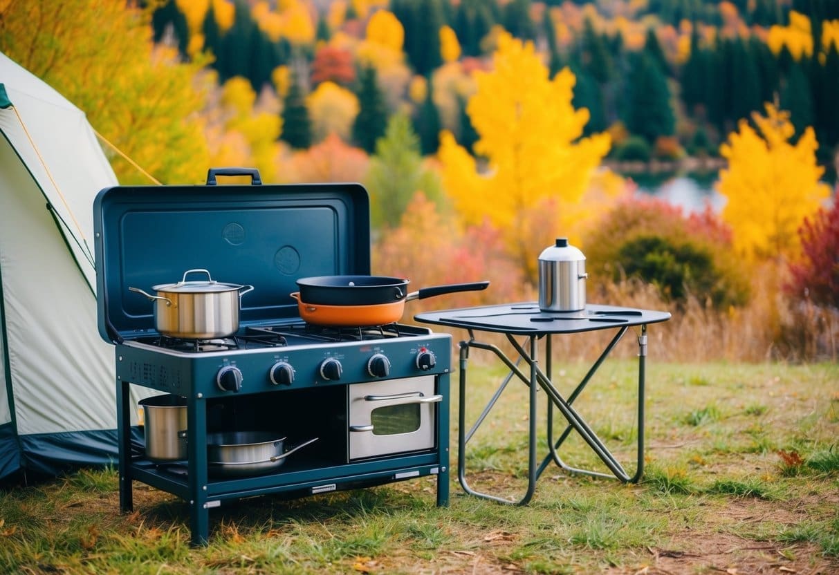 A cozy campsite with a fully equipped outdoor kitchen, featuring a portable stove, cooking utensils, and a foldable table set against a backdrop of colorful autumn foliage
