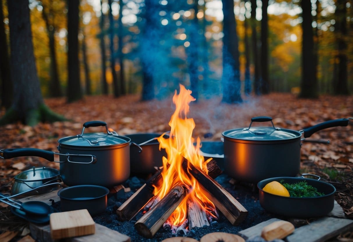 A campfire surrounded by camping cookware and utensils, with a cozy autumn forest in the background