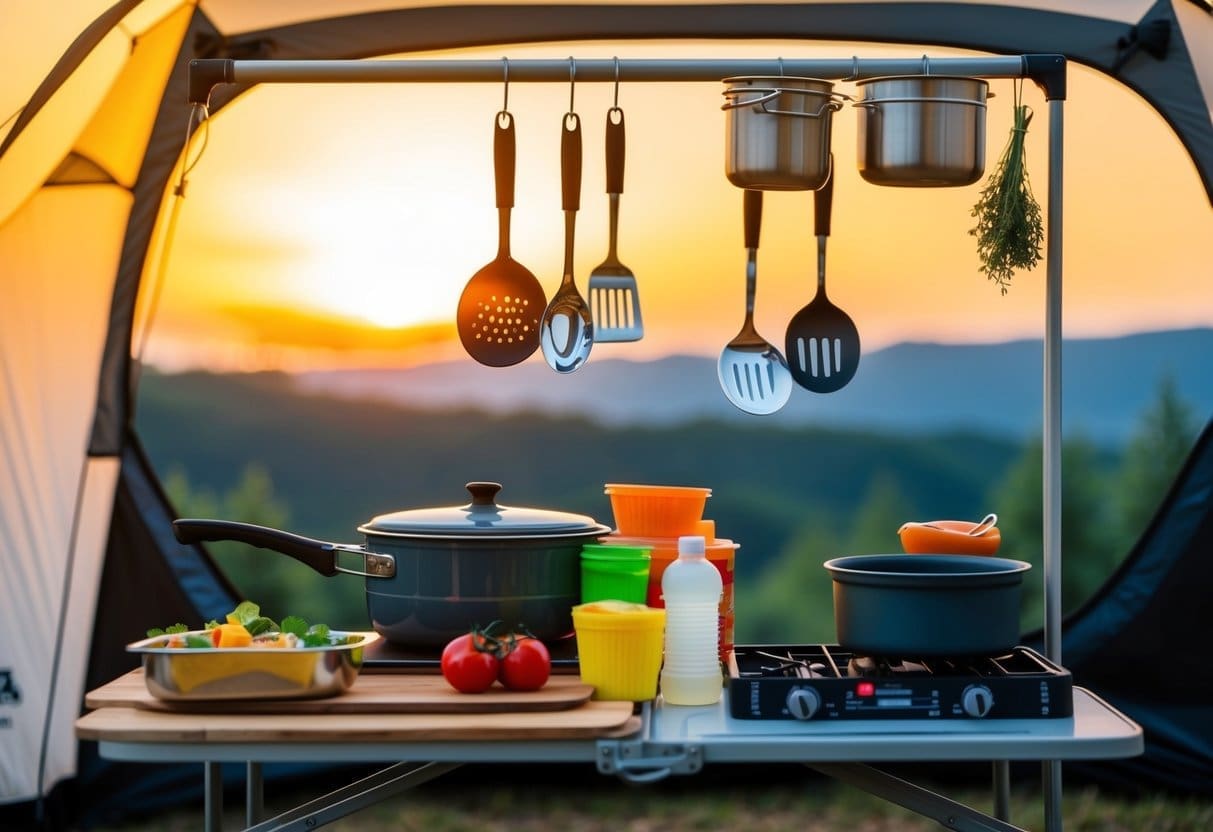 A camping kitchen with neatly stacked cookware, utensils hanging from a portable stand, and a collapsible table with organized food supplies and a camping stove